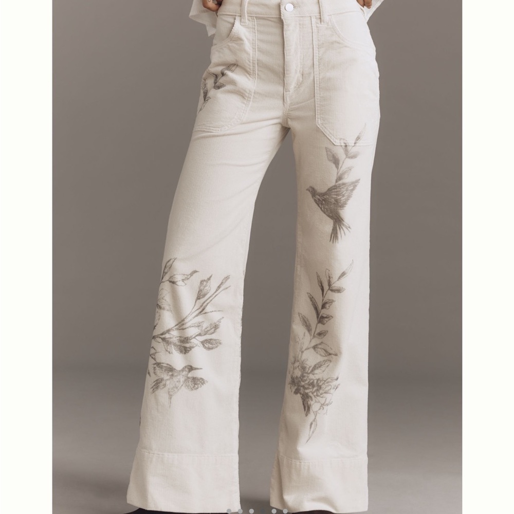 Anthropologie Pilcro Cream Wide Leg Jeans with Bird and Floral Design